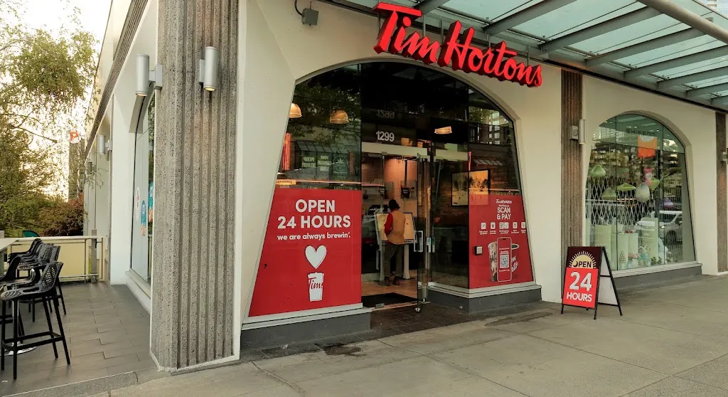 Tim Hortons storefront and interior at 1299 Robson St, Vancouver, BC