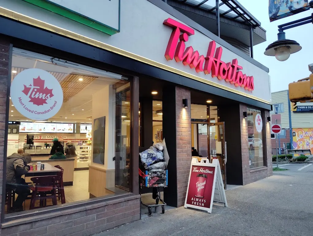 Tim Hortons storefront and interior at 3451 Kingsway, Vancouver, BC