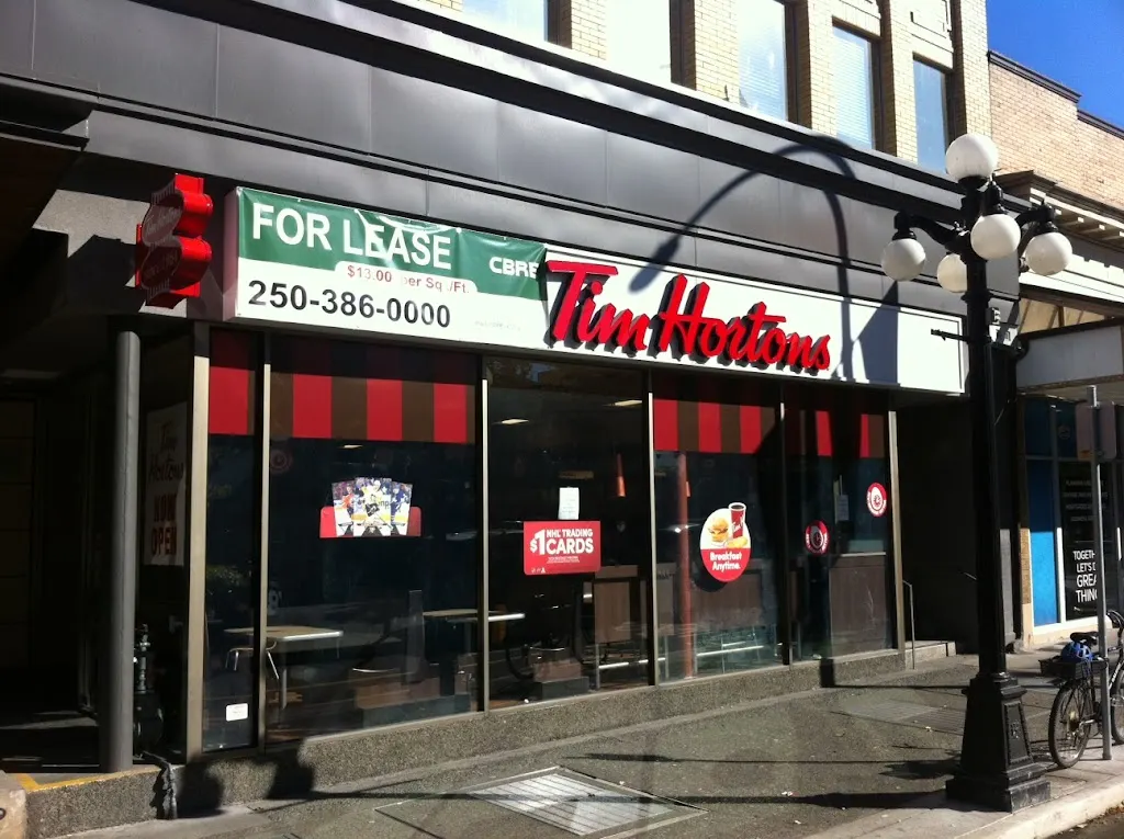 Tim Hortons storefront and interior at 101-754 Fort St, Victoria, BC