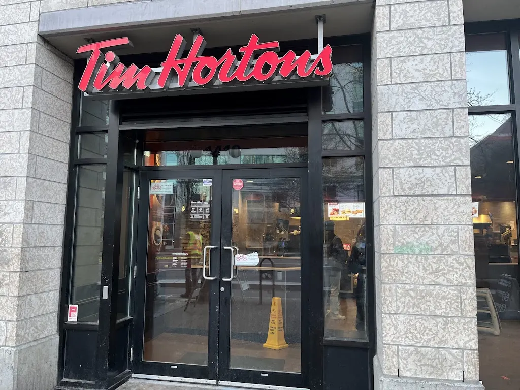 Tim Hortons storefront and interior at 1410 Blanshard St, Victoria, BC