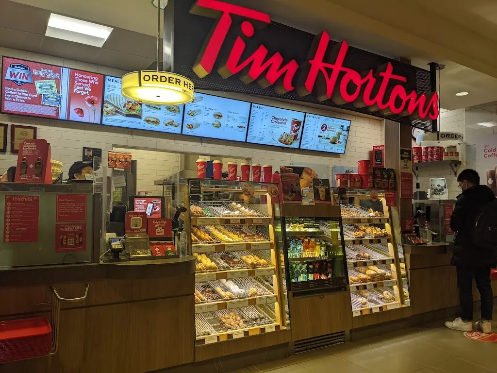 Tim Hortons storefront and interior at 1644 Hillside Ave, Victoria, BC