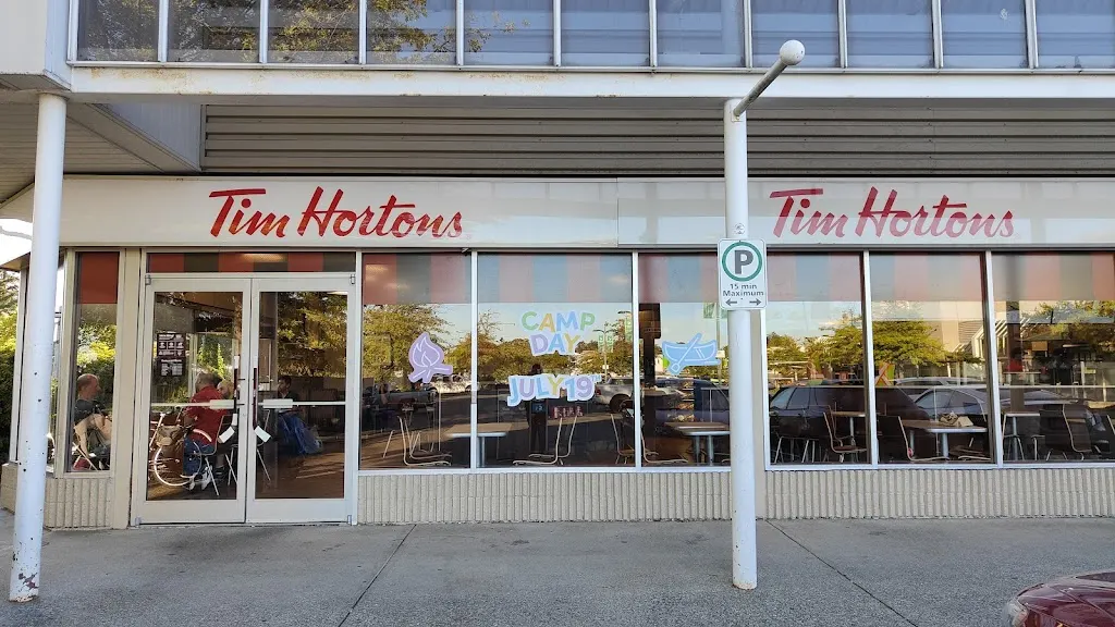 Tim Hortons storefront and interior at 3501 Ravine Way, Victoria, BC