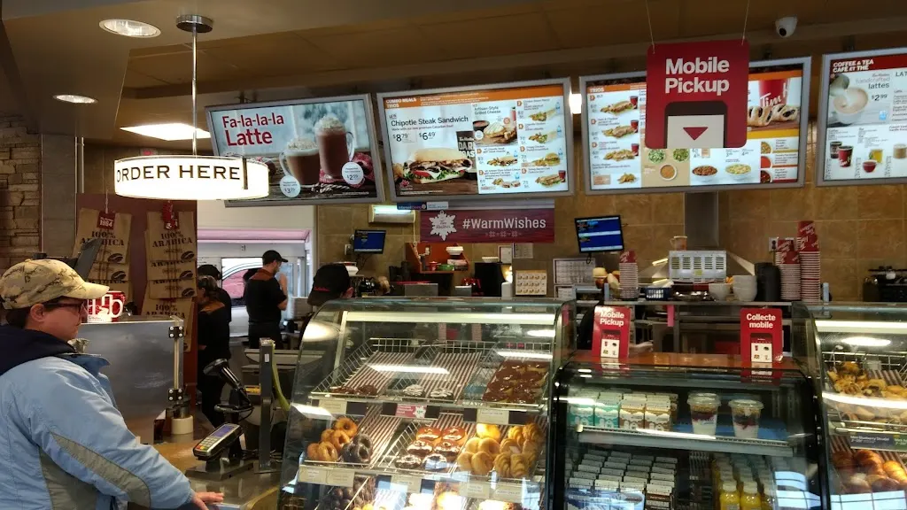 Tim Hortons storefront and interior at 414 William Street, Dalhousie, NB