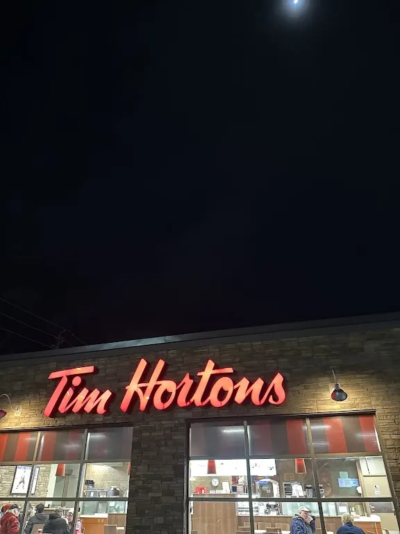 Tim Hortons storefront and interior at 375 Smythe St, Fredericton, NB