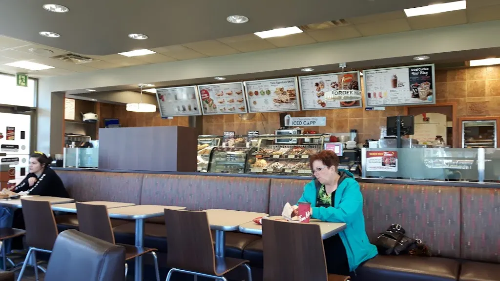 Tim Hortons storefront and interior at 199 Main St, Grand Falls, NB