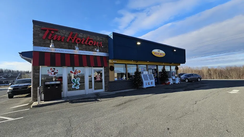 Tim Hortons storefront and interior at 200 Ouellette Street, Grand Falls, NB