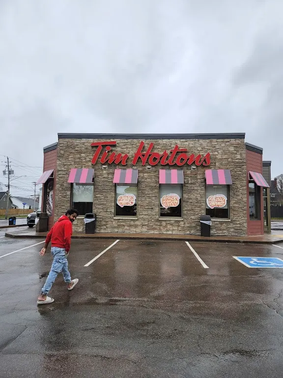 Tim Hortons storefront and interior at 7 St George St, Moncton, NB