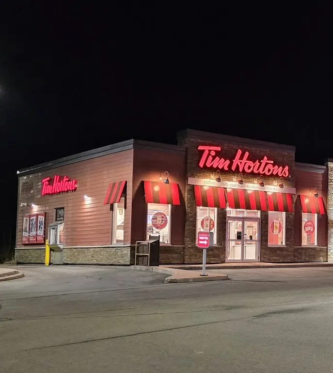 Tim Hortons storefront and interior at 596 Mapleton Rd, Moncton, NB