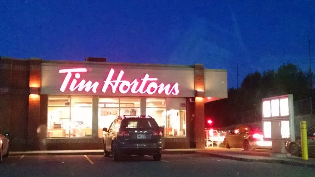 Tim Hortons storefront and interior at 158 Main St W, Saint John, NB