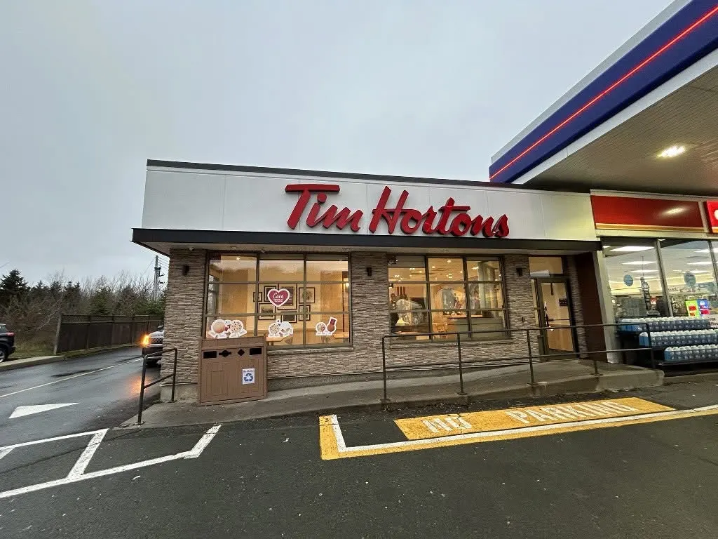 Tim Hortons storefront and interior at 8 Bay Bulls Rd, Kilbride, NL