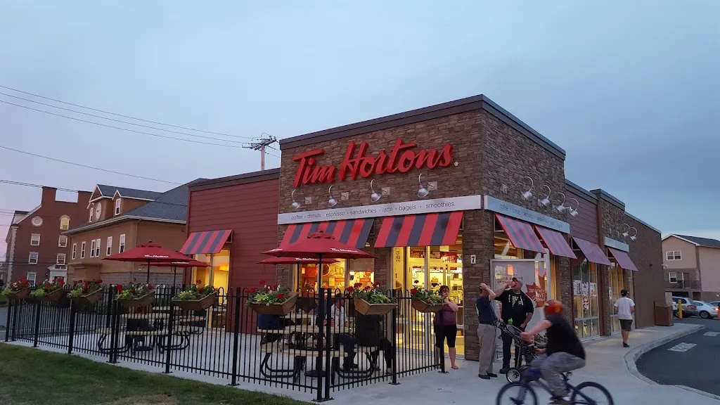 Tim Hortons storefront and interior at 7 James St, Antigonish, NS