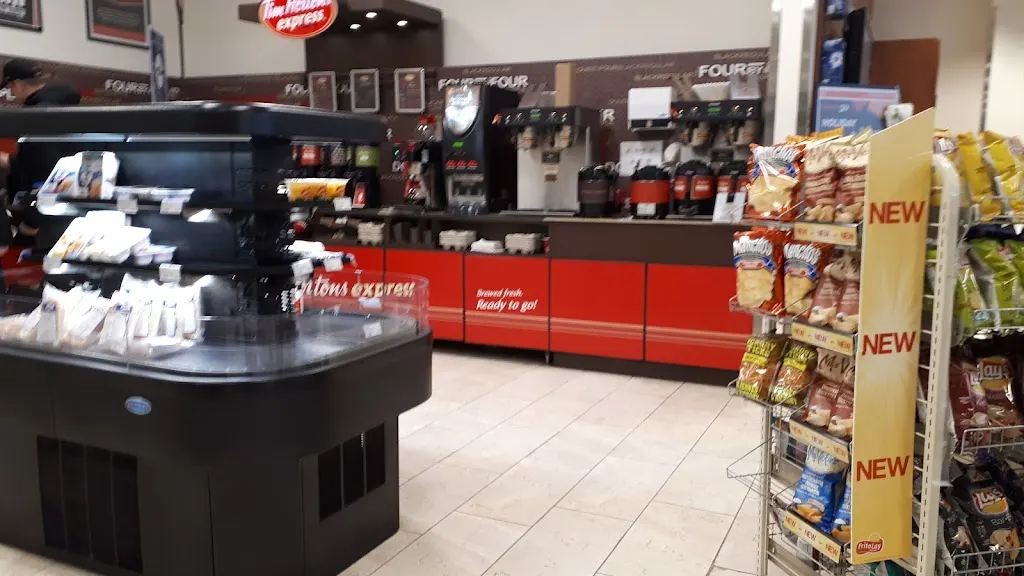 Tim Hortons storefront and interior at Stadacona Expressmart, Halifax, NS