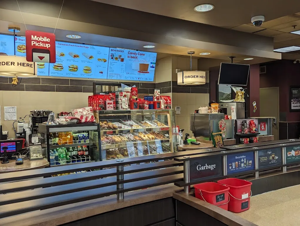 Tim Hortons storefront and interior at 201 Churchill Street, Membertou, NS