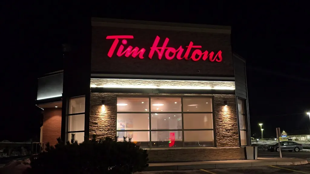 Tim Hortons storefront and interior at 5215 Highway 7, Porter's Lake, NS