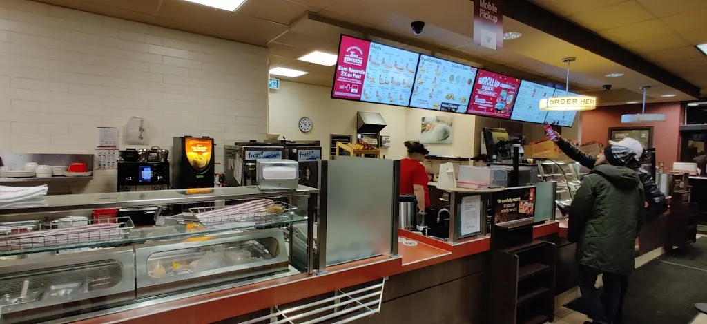Tim Hortons storefront and interior at 219 S Ford St, Stellarton, NS