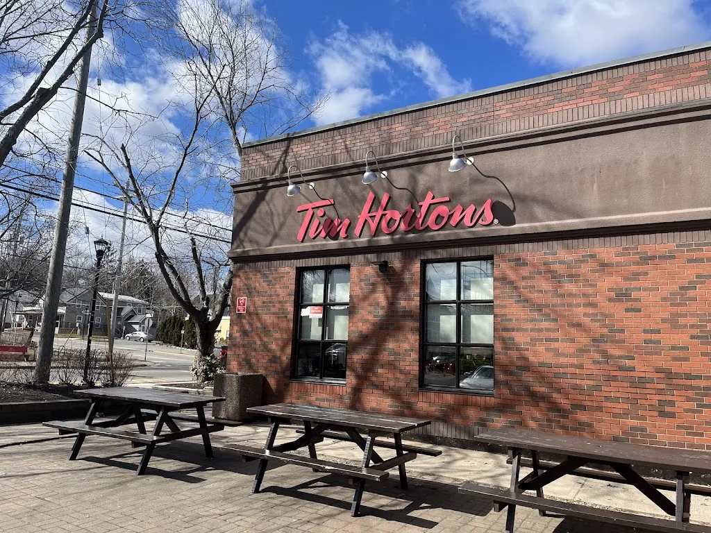 Tim Hortons storefront and interior at 370 Main St, Wolfville, NS