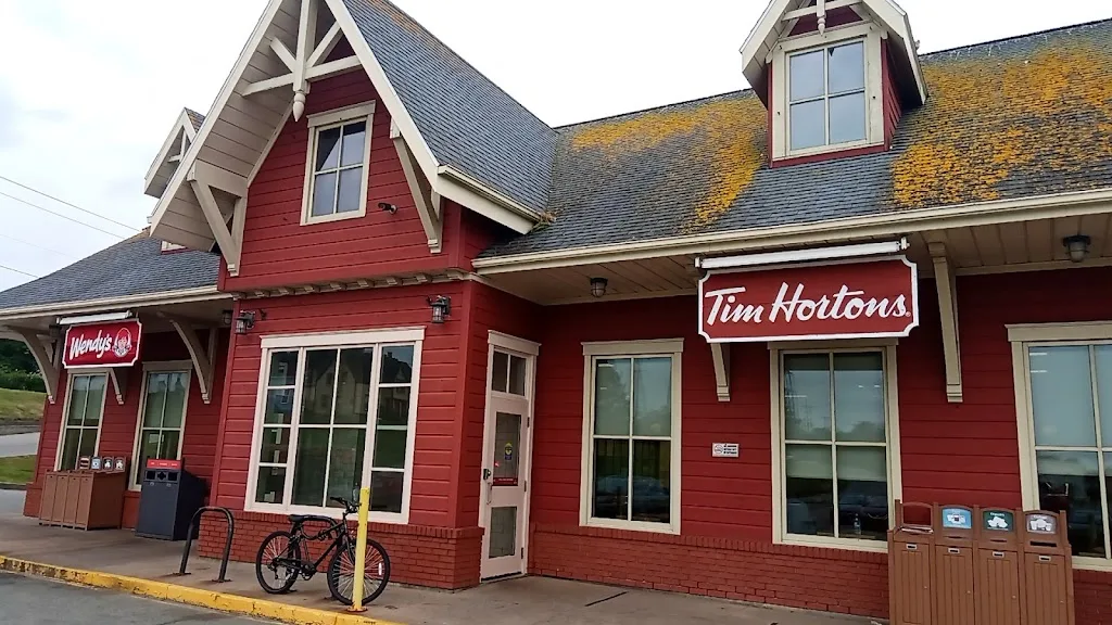 Tim Hortons storefront and interior at 520 Main St, Yarmouth, NS