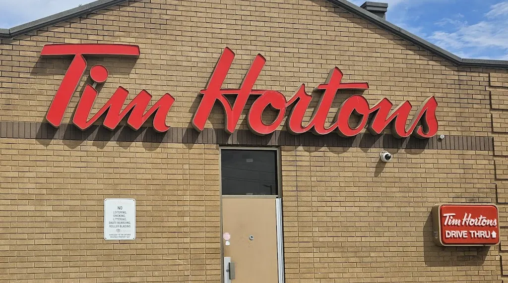 Tim Hortons storefront and interior at 1 Harwood Ave South, Ajax, ON