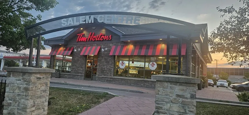Tim Hortons storefront and interior at 245 Salem Rd South, Ajax, ON