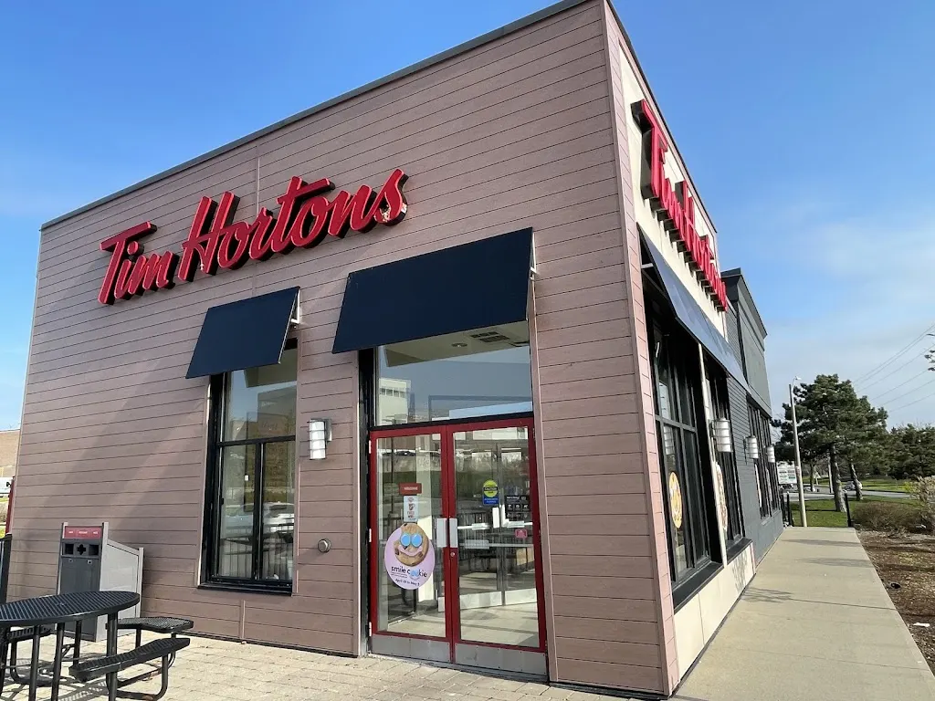 Tim Hortons storefront and interior at 449 Westney Rd South, Ajax, ON