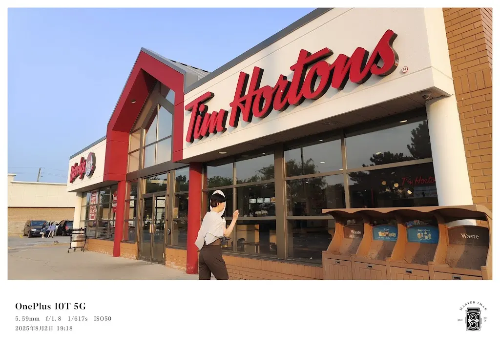 Tim Hortons storefront and interior at 157a Young St, Alliston, ON