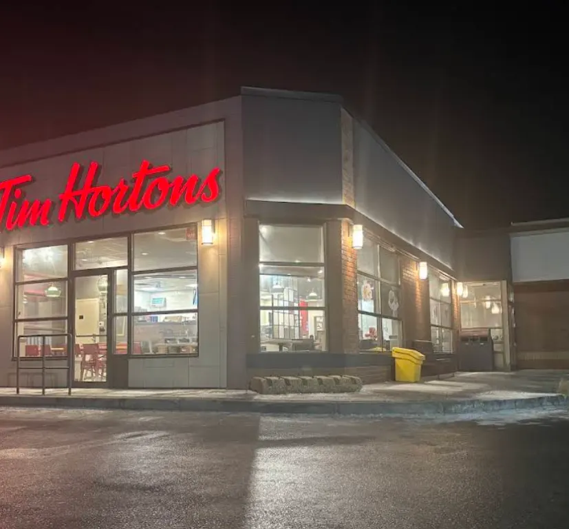 Tim Hortons storefront and interior at 535 Sandwich St, Amherstburg, ON