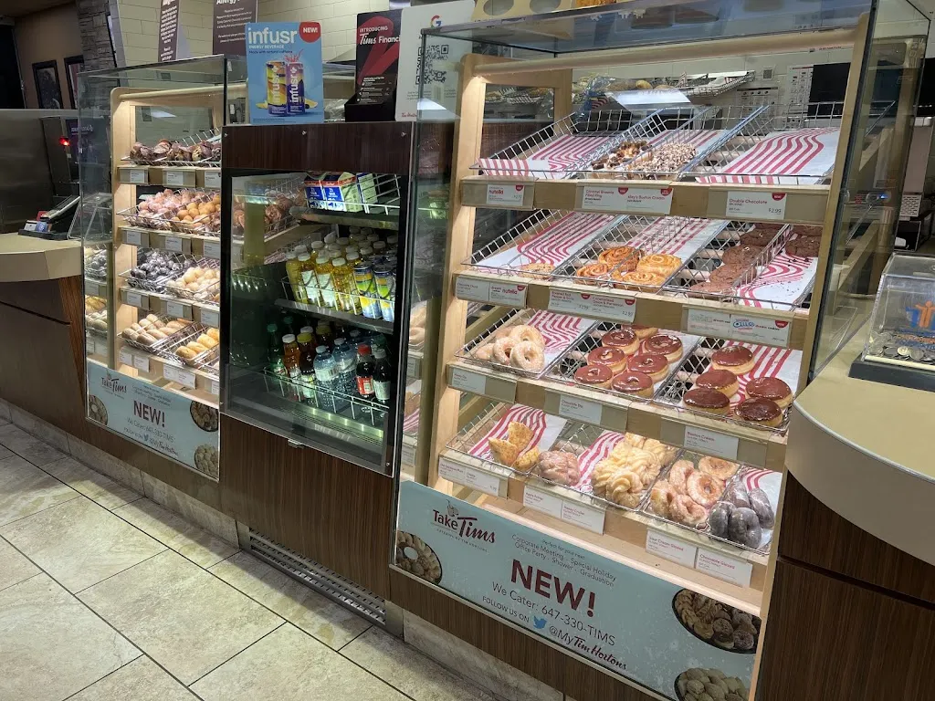 Tim Hortons storefront and interior at 126 Wellington St West, Aurora, ON