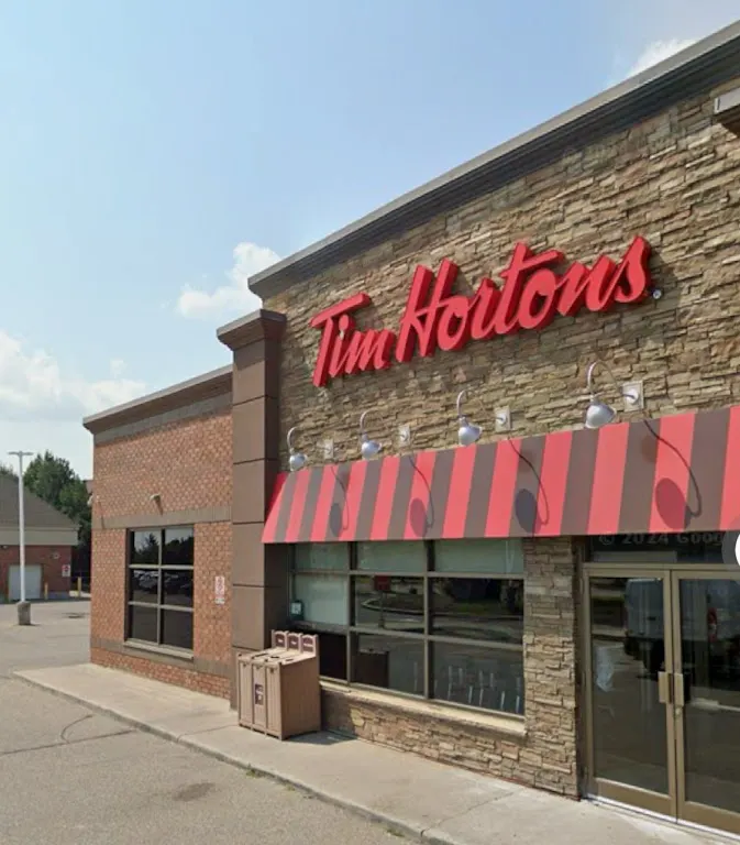 Tim Hortons storefront and interior at 170 Hollidge Blvd, Aurora, ON