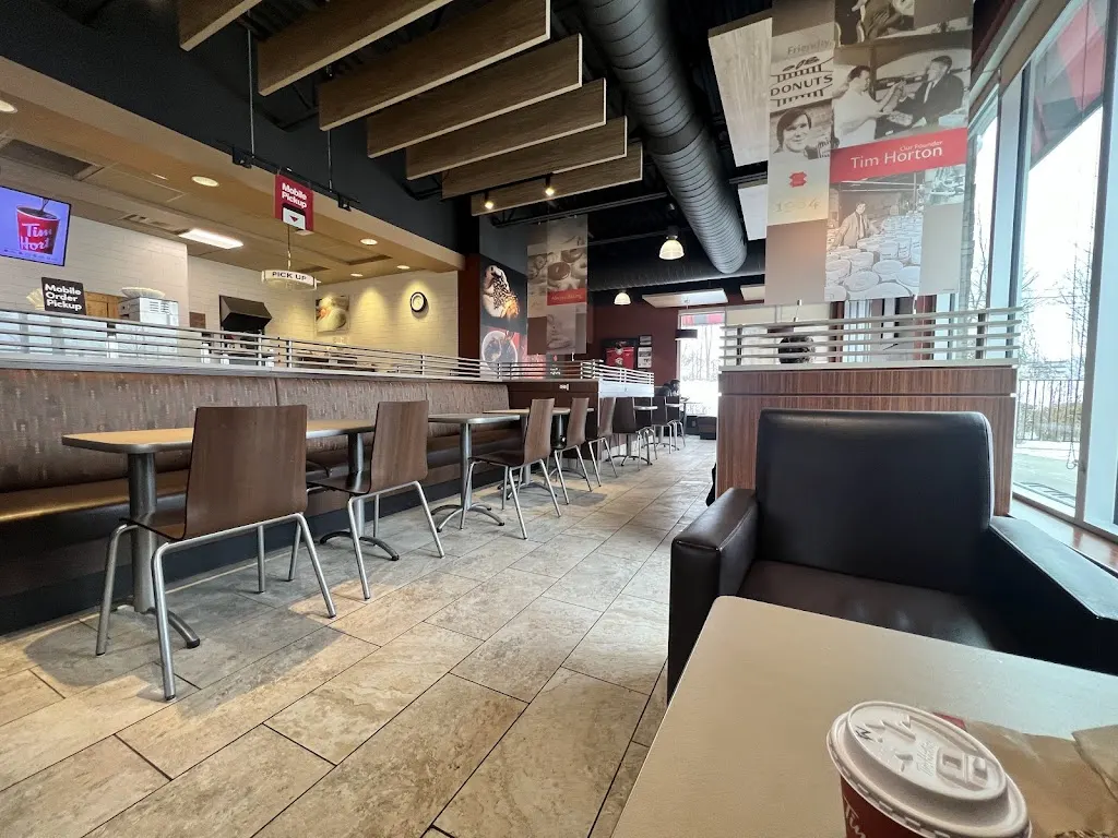 Tim Hortons storefront and interior at 1011 Northumberland St, Ayr, ON