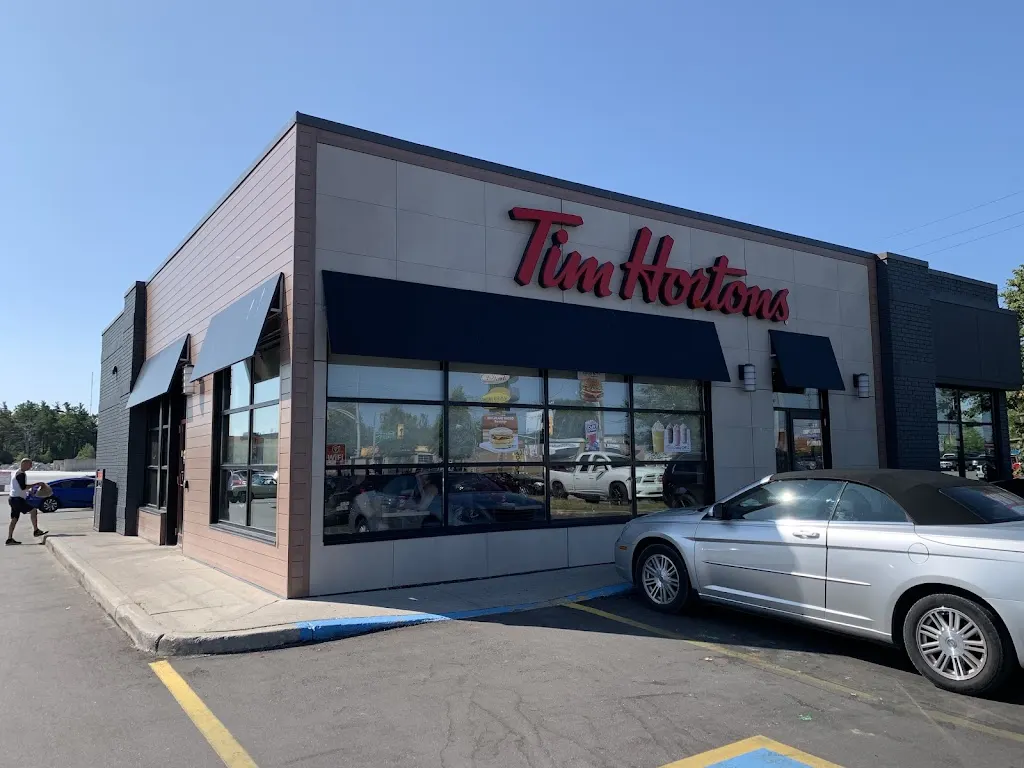 Tim Hortons storefront and interior at 3 Sarjeant Dr, Barrie, ON
