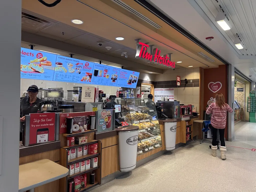 Tim Hortons storefront and interior at 201 Georgian Dr, Barrie, ON
