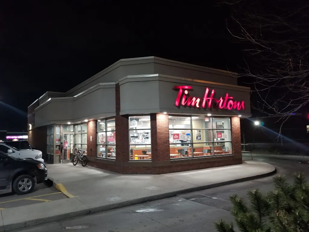 Tim Hortons storefront and interior at 297 Dunlop St West, Barrie, ON