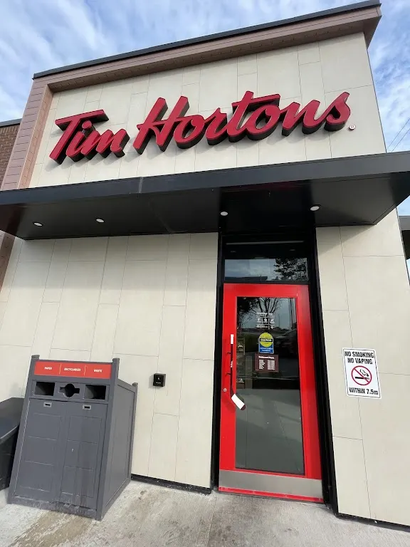 Tim Hortons storefront and interior at 353 Duckworth Street, Barrie, ON