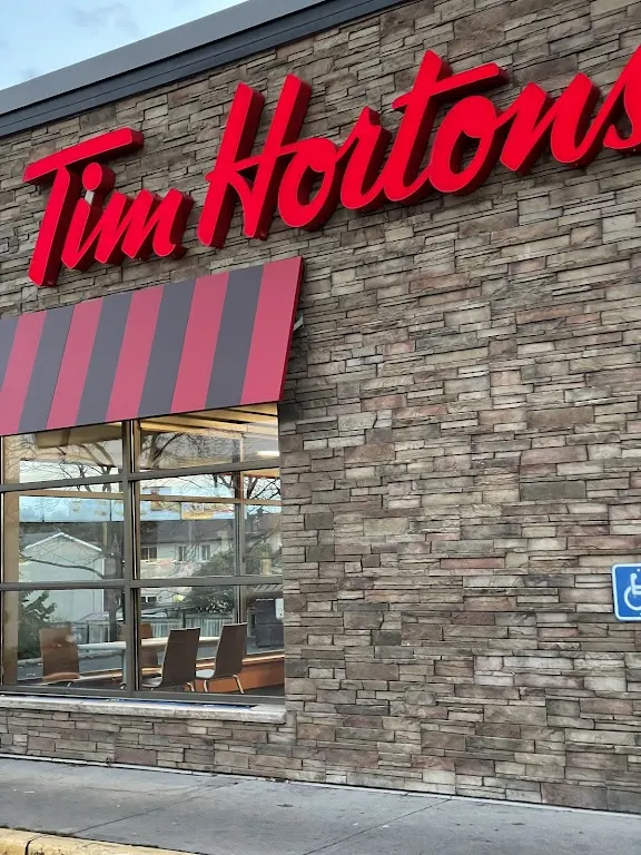 Tim Hortons storefront and interior at 354 Bayfield St, Barrie, ON
