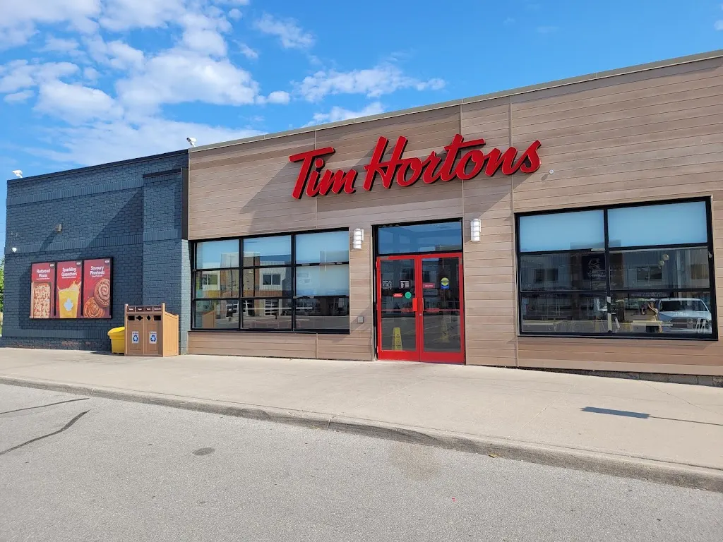 Tim Hortons storefront and interior at 441 Bayview Dr, Barrie, ON