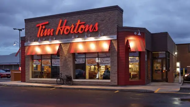 Tim Hortons storefront and interior at 4398 Ontario St, Beamsville, ON