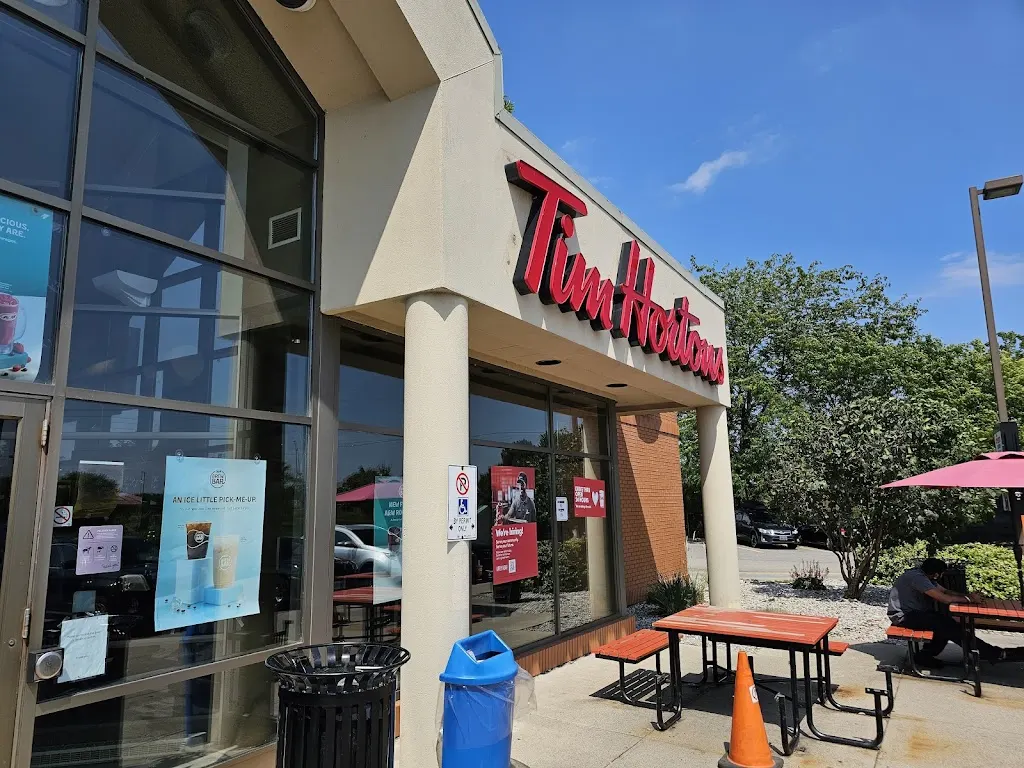 Tim Hortons storefront and interior at 5005 Ontario St, Beamsville, ON