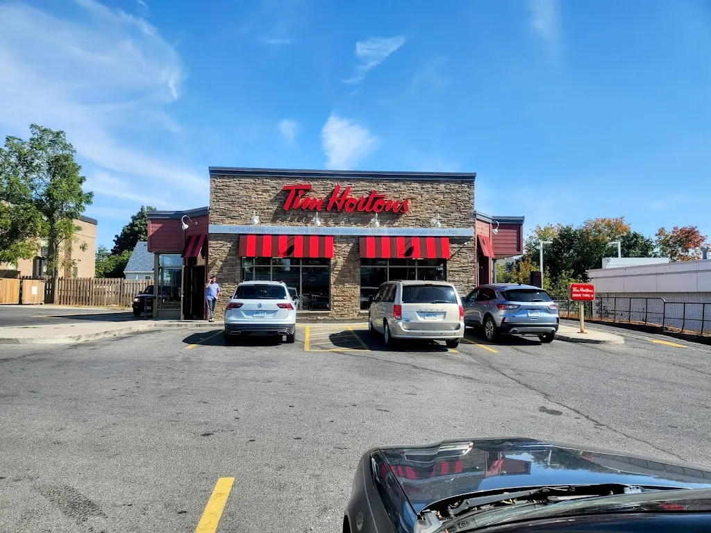 Tim Hortons storefront and interior at 169 North Front St, Belleville, ON