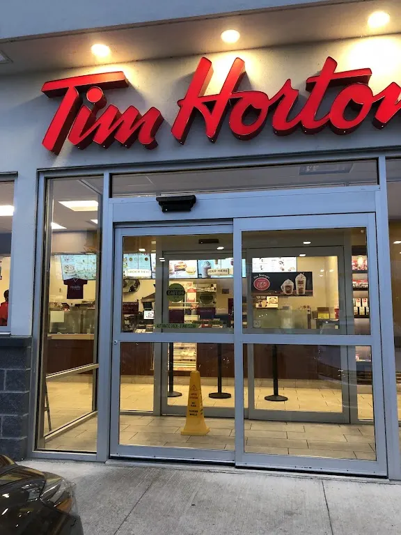 Tim Hortons storefront and interior at 455 Dundas Street West, Belleville, ON