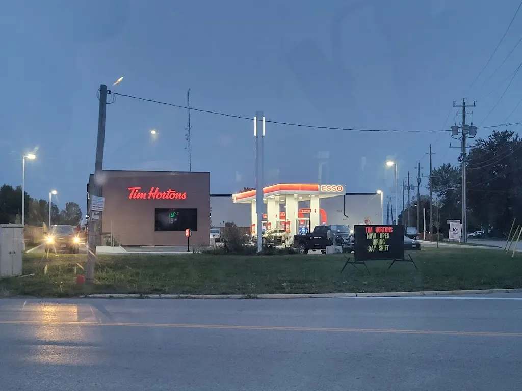 Tim Hortons storefront and interior at 143 Borden Avenue, Belmont, ON