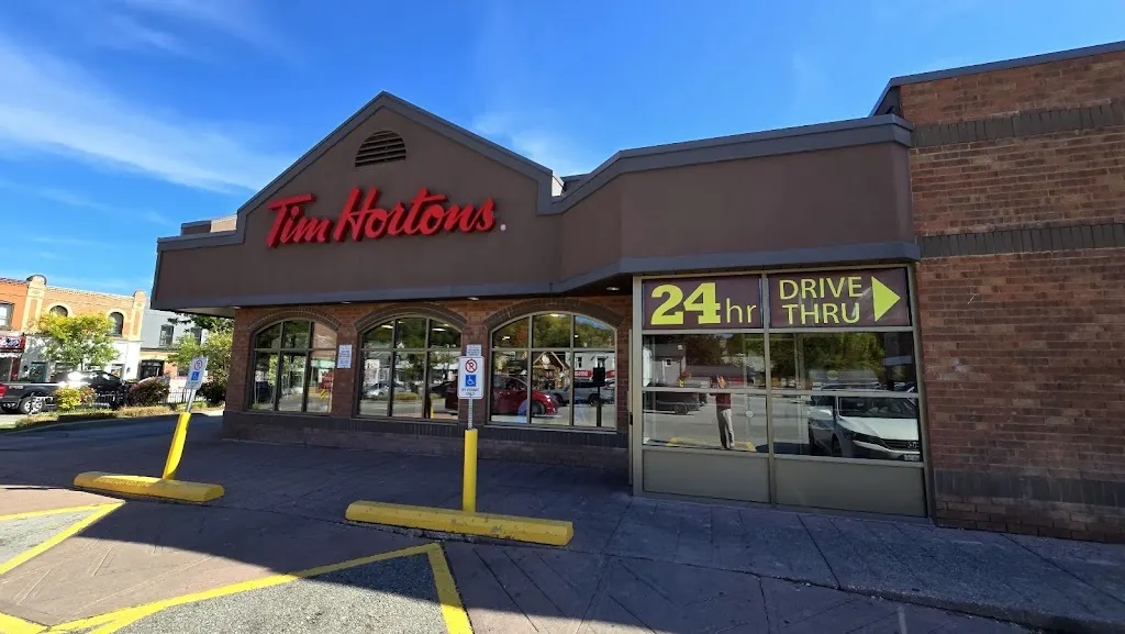 Tim Hortons storefront and interior at 20 Queen St North, Bolton, ON