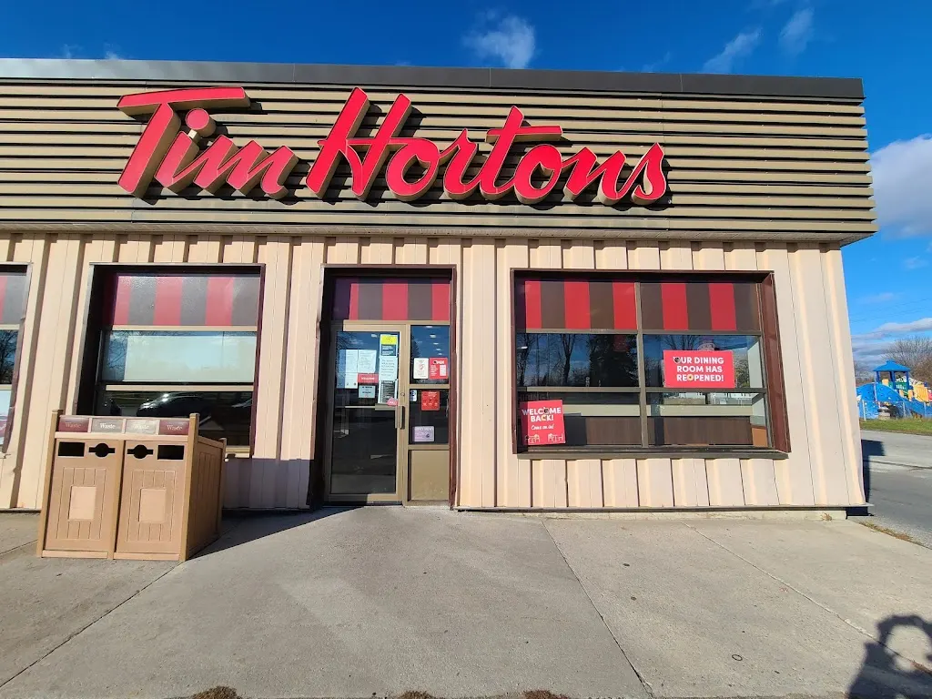 Tim Hortons storefront and interior at 36 El Alemein Rd, Borden, ON