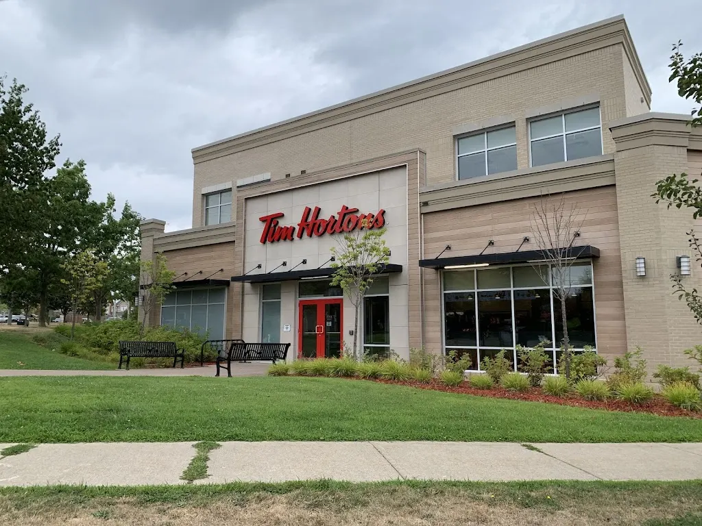 Tim Hortons storefront and interior at 1595 Green Rd, Bowmanville, ON