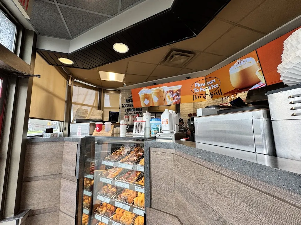 Tim Hortons storefront and interior at 185 Bridge St, Bradford, ON