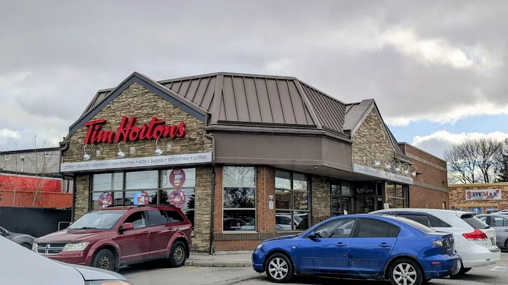 Tim Hortons storefront and interior at 87 Kennedy Rd South, Brampton, ON