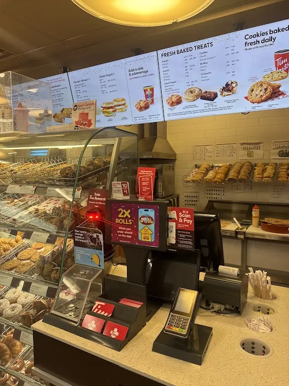 Tim Hortons storefront and interior at 7970 Mavis Rd, Brampton, ON