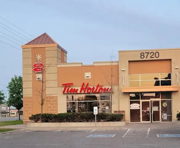 Tim Hortons storefront and interior at 8720 The Gore Rd, Brampton, ON