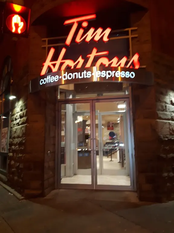 Tim Hortons storefront and interior at 53 Dalhousie St, Brantford, ON