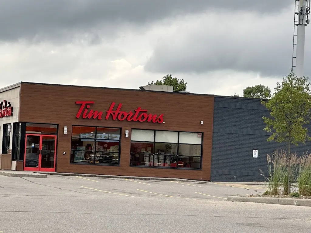 Tim Hortons storefront and interior at 80 King George Rd, Brantford, ON