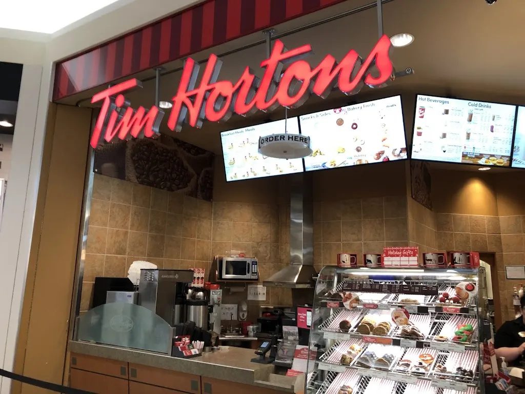 Tim Hortons storefront and interior at 84 Lynden Rd, Brantford, ON